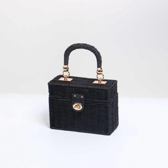 Zara Black Woven Wicker Rattan Straw Box Bag